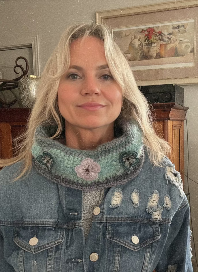 Hand-crocheted Cowl Neck Warmer with embroidered floral embellishment