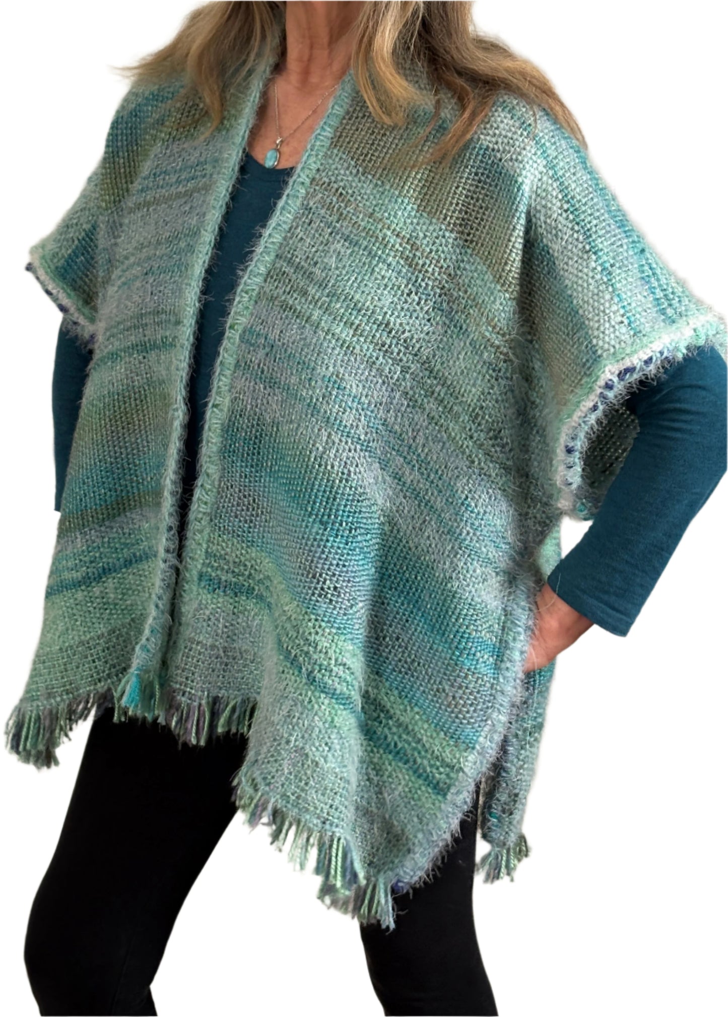 Handwoven Boho style poncho in the Sea Shades