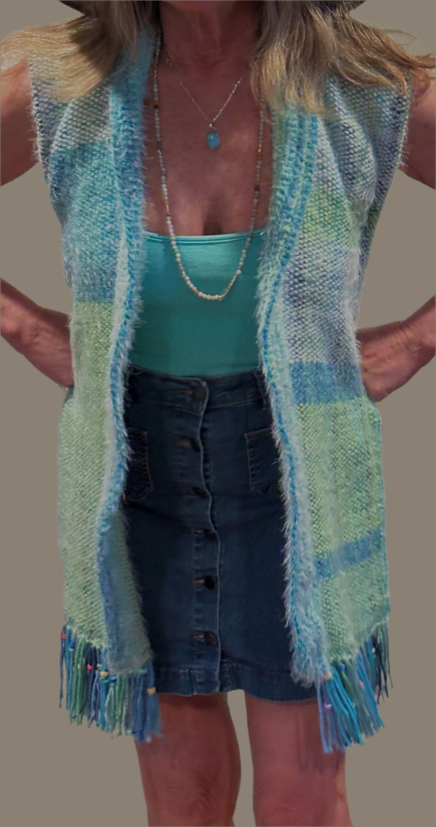 Handwoven mid length sleeveless vest