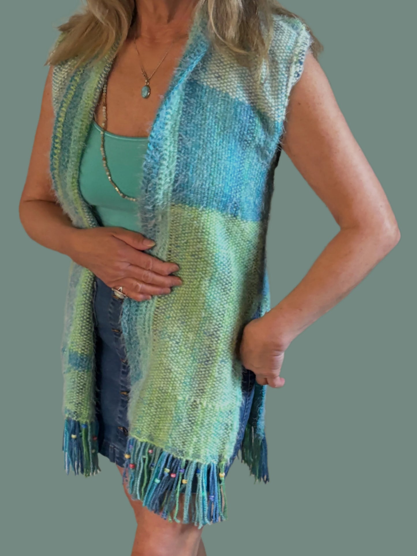 Handwoven mid length sleeveless vest