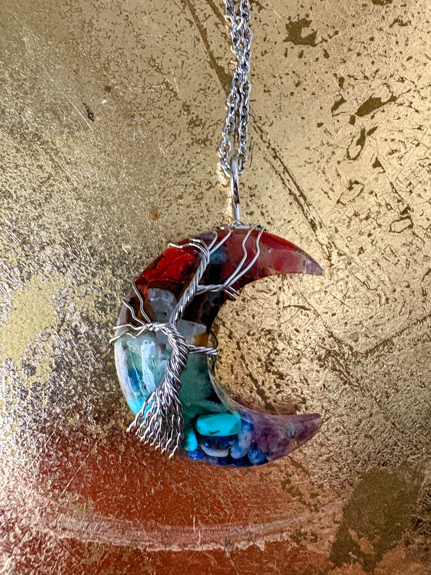 Tree of Life Wire- Wrapped 7 Chakra Crescent Moon
