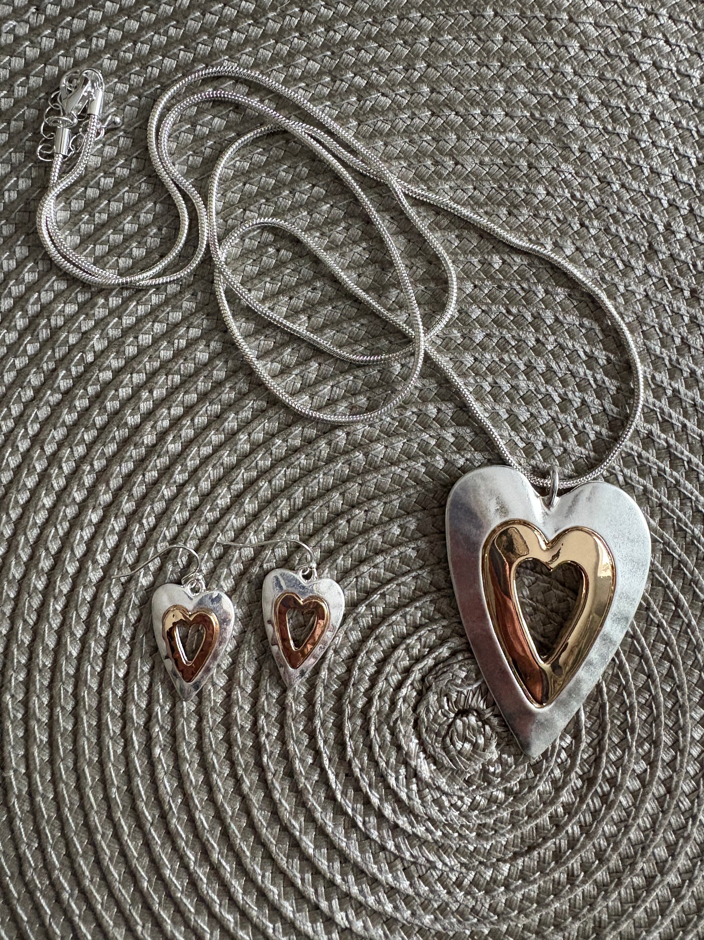Silver and Gold plated Heart Pendant with matching heart earrings
