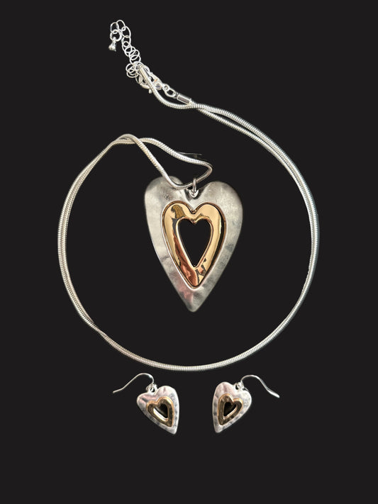 Silver and Gold plated Heart Pendant with matching heart earrings
