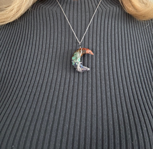 Tree of Life Wire- Wrapped 7 Chakra Crescent Moon