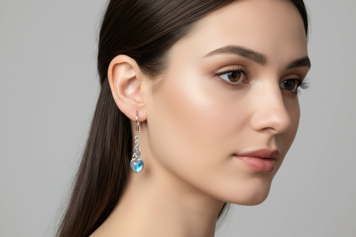 Pair of S925 Celtic Knot heart shaped Moonstone earrings