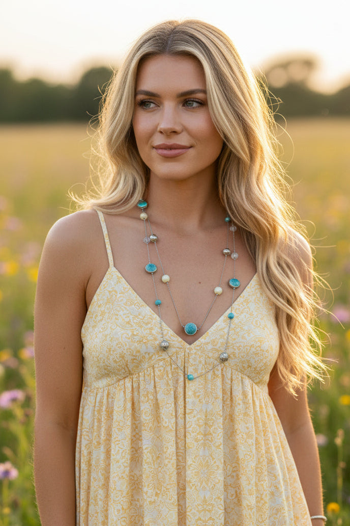 Bohemian Turquoise and Silver Pendants Chain Necklace