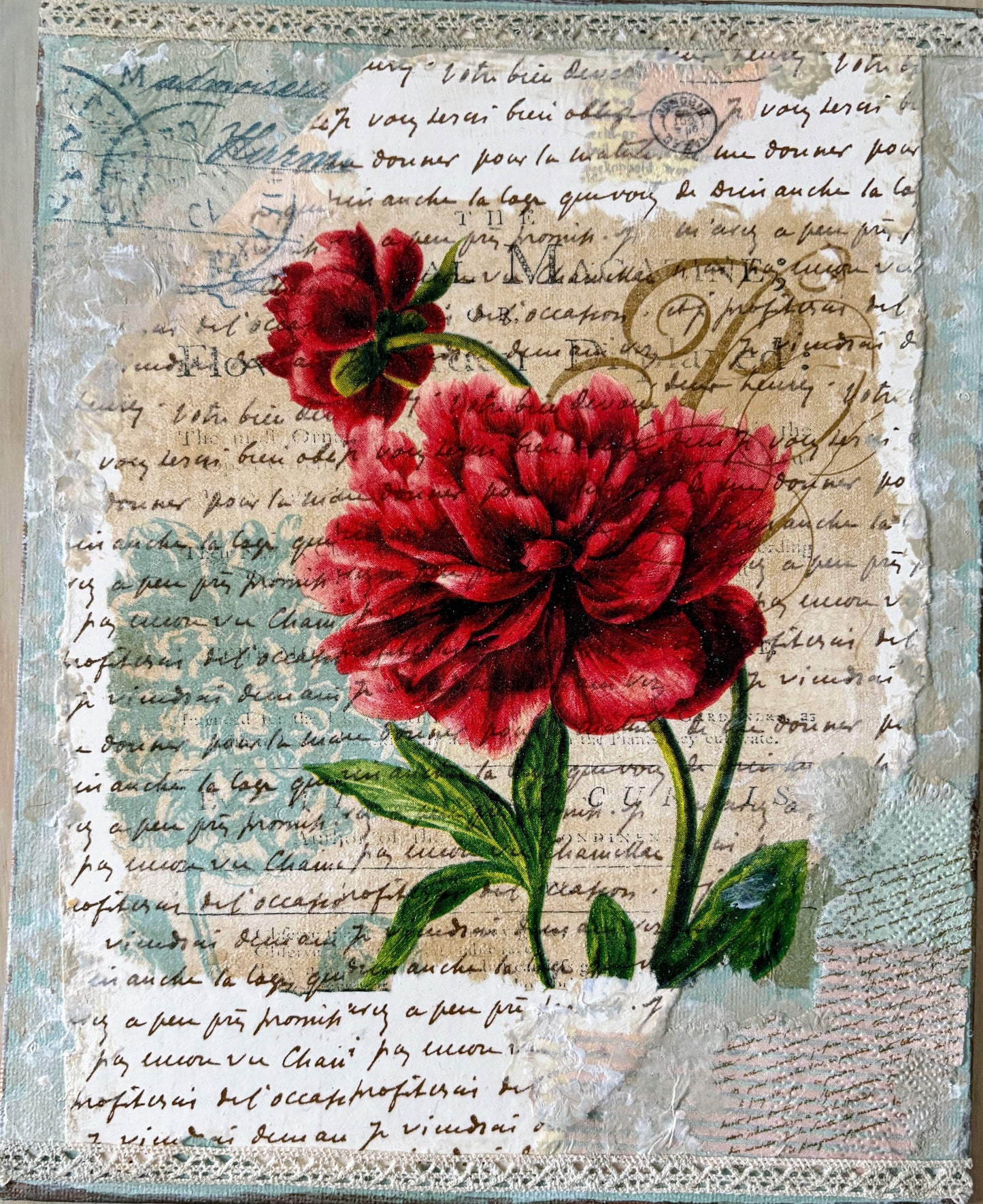 Red Peony Decoupage Wall Art on canvas