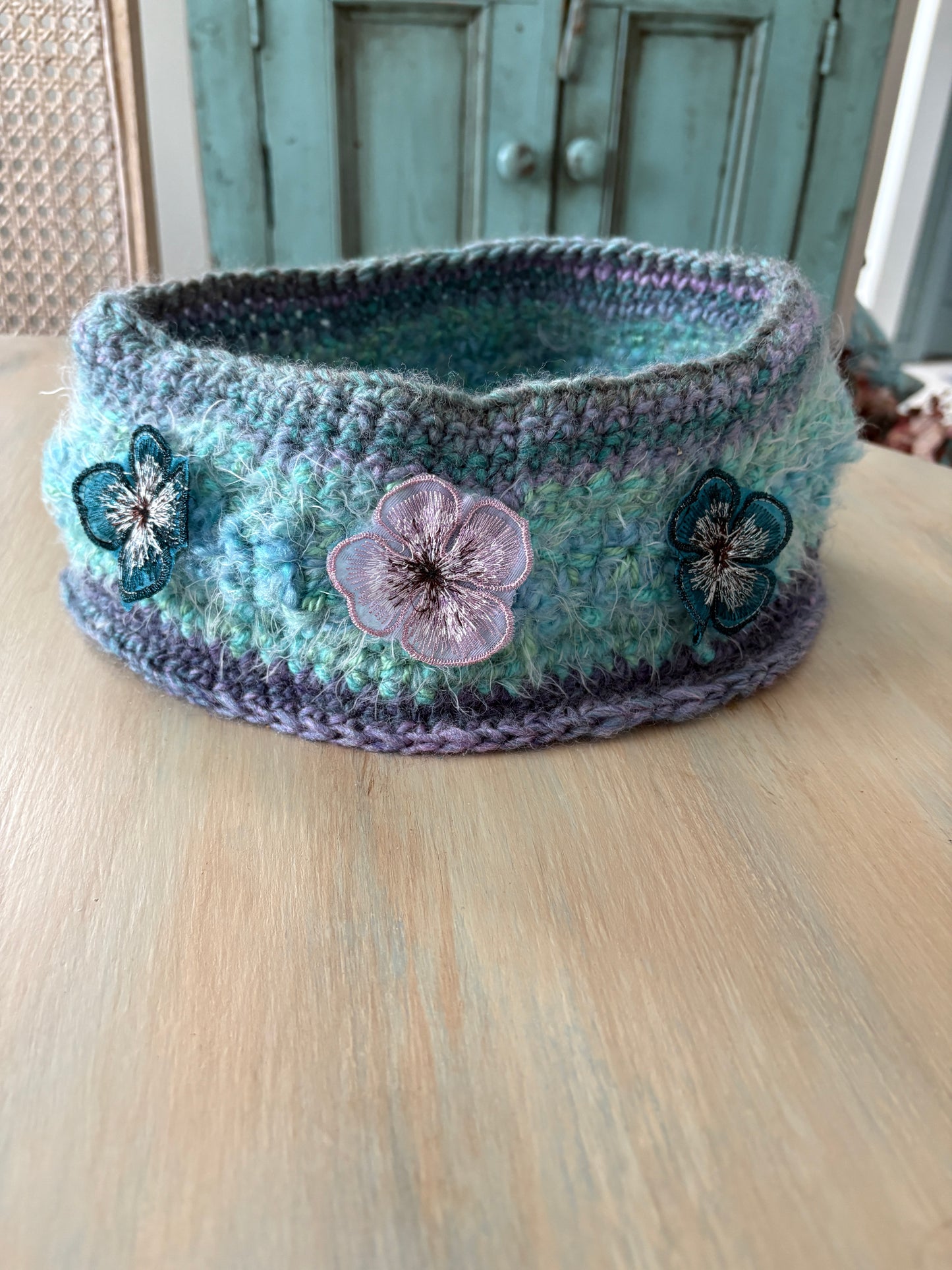 Hand-crocheted Cowl Neck Warmer with embroidered floral embellishment