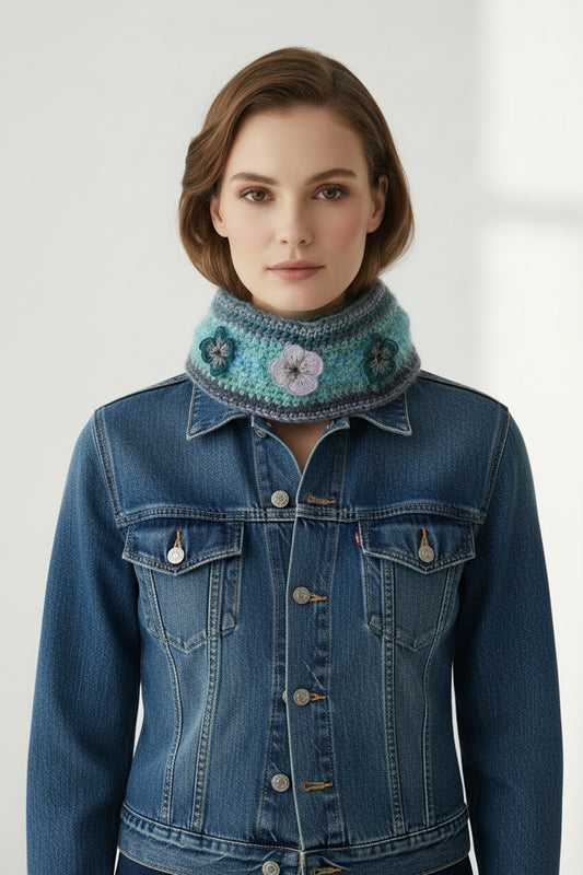 Hand-crocheted Cowl Neck Warmer with embroidered floral embellishment