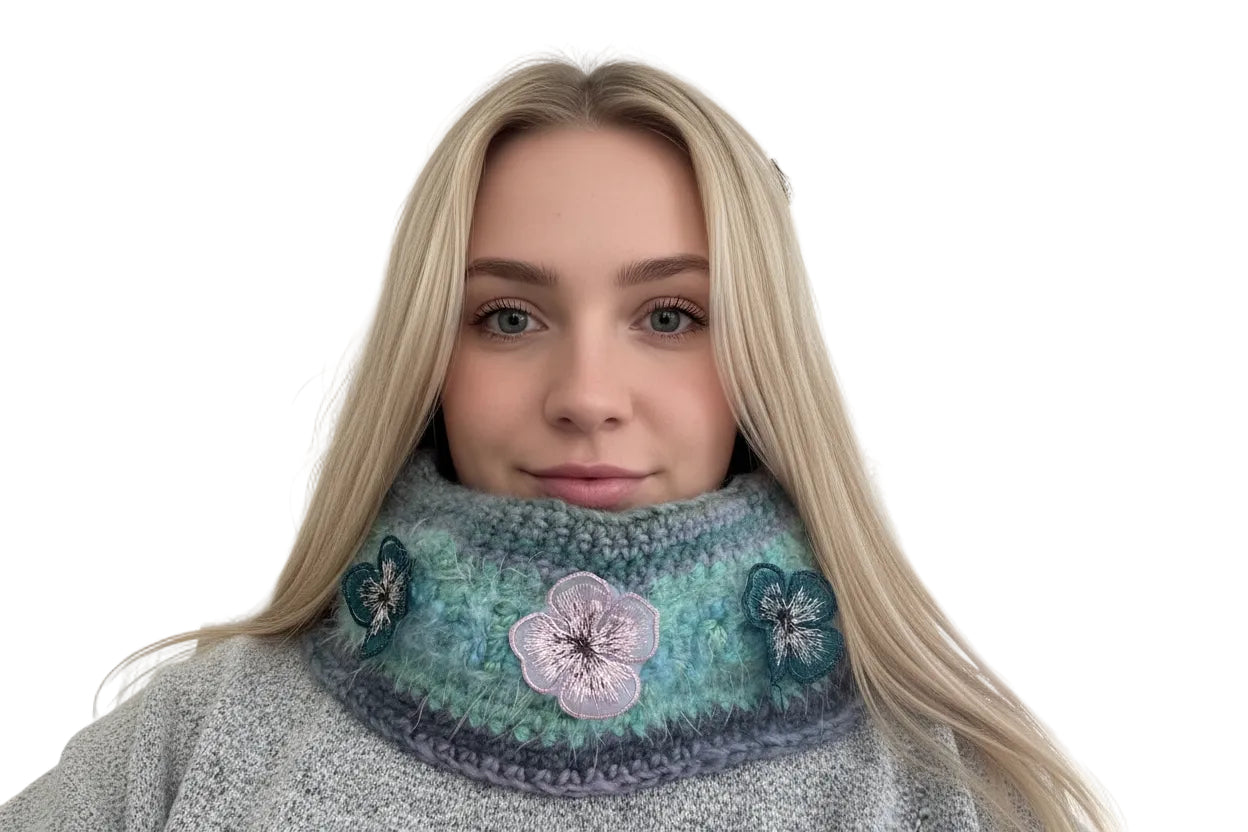 Hand-crocheted Cowl Neck Warmer with embroidered floral embellishment