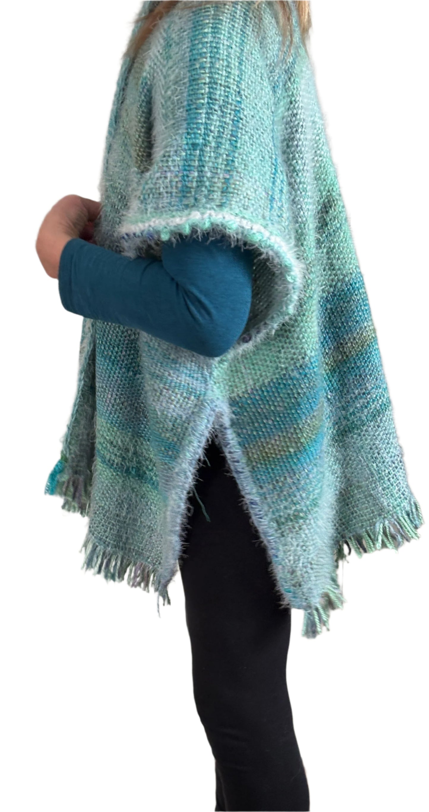 Handwoven Boho style poncho in the Sea Shades