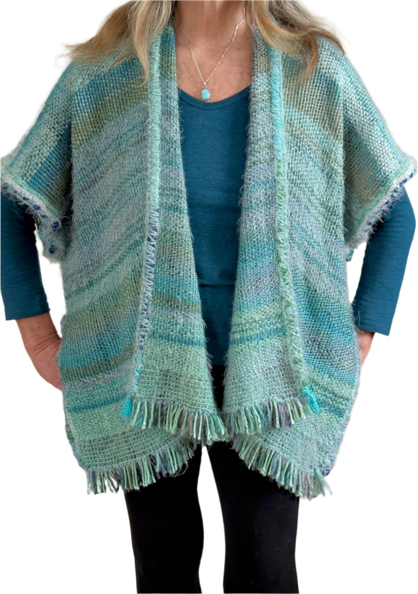 Handwoven Boho style poncho in the Sea Shades