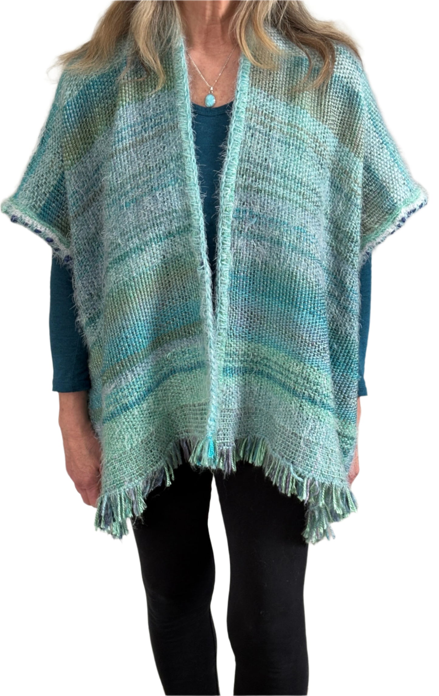 Handwoven Boho style poncho in the Sea Shades