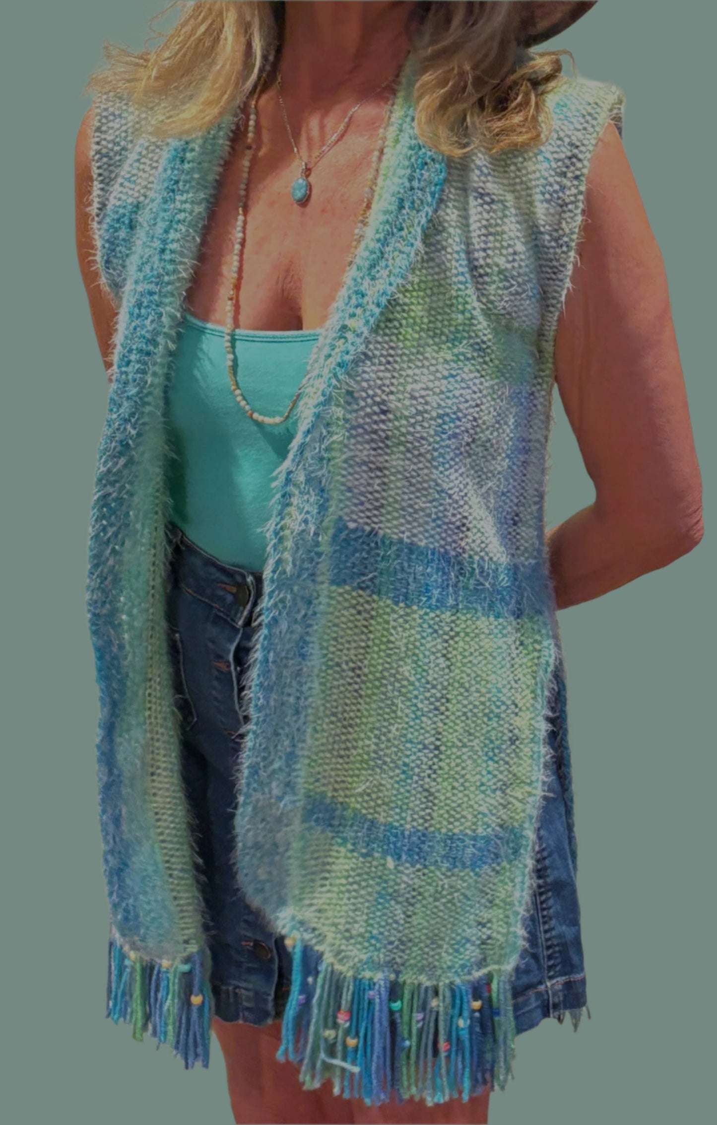 Handwoven mid length sleeveless vest