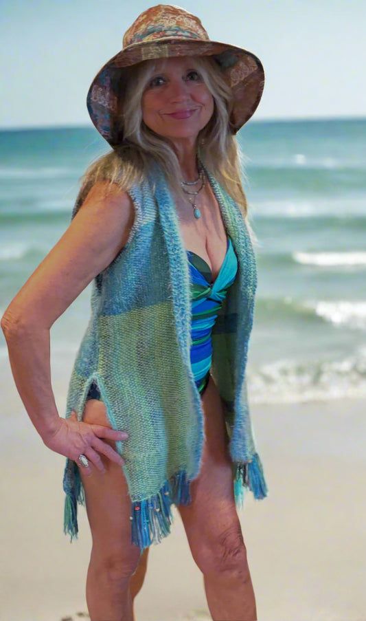 Handwoven mid length sleeveless vest